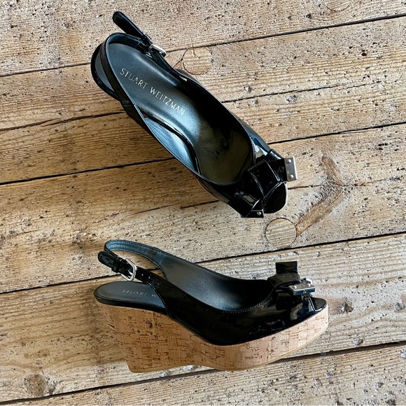 Stuart Weitzman Bodajean Black Patent Cork Wedge Sandals Size 7.5 - Picture 1 of 12